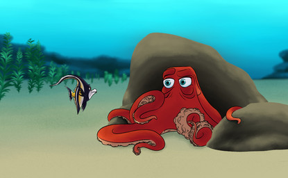 black_body black_fin blue_eyes duo feral fish_tail looking_at_another male male/male orange_body rock sand seaweed stripes underwater water yellow_stripes unknown_artist disney finding_dory finding_nemo pixar gill_(finding_nemo) hank_(finding_dory) aquatic fish giant_pacific_octopus 2023 hi_res