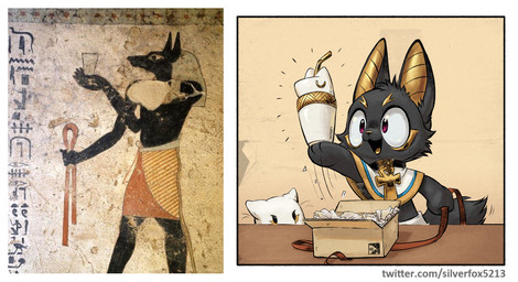 ambiguous_gender ankh annoyed anthro black_body black_fur box canopic_jar clothed clothing collar container drinking_straw duo fur furniture happy holding_object looking_at_object male red_eyes ribbons sippy_cup table yellow_body yellow_fur silverfox5213 egyptian_mythology middle_eastern_mythology mythology anubis medjed ambiguous_species anubian_jackal canid canine canis deity jackal mammal 2025 ancient_art comic digital_media_(artwork) inspired_by_formal_art photography_(artwork)