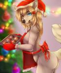 accessory anthro apron apron_only bangs big_breasts big_butt biped black_nose blonde_hair blurred_background bow_(feature) breasts butt casual_exposure christmas_clothing christmas_decorations christmas_headwear christmas_lights christmas_tree clothed clothing cookie curvy_figure decoration ear_tuft eating eyebrows eyelashes eyeliner female fluffy fluffy_tail food food_in_mouth fur fur_tuft glistening glistening_apron glistening_clothing glistening_eyes glistening_hair glistening_handwear glistening_hat glistening_headgear glistening_headwear glistening_nose gloves hair hair_accessory hair_tie handwear hat headgear headwear heterochromia holding_object holding_tray holidays light long_hair long_tail looking_aside looking_at_viewer makeup mascara mostly_nude multicolored_apron multicolored_clothing multicolored_gloves multicolored_handwear multicolored_hat multicolored_headwear nipple_outline object_in_mouth oven_gloves oven_mitts plant pointy_ears prick_ears raised_tail red_apron red_clothing red_gloves red_handwear red_hat red_headwear santa_hat shadow side_boob side_view small_waist snout solo standing tail tan_body tan_breasts tan_butt tan_ears tan_fur tan_tail teeth tray tree tuft two_tone_apron two_tone_clothing two_tone_gloves two_tone_handwear two_tone_hat two_tone_headwear wavy_hair white_apron white_body white_clothing white_fur white_gloves white_handwear white_hat white_headwear white_tail wide_hips year kaiotawolf christmas sadie_(desertpunk06) canid canine canis domestic_dog mammal 2016 digital_media_(artwork) portrait shaded signature three-quarter_portrait watermark