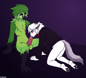 all_fours anthro beak bodily_fluids bow_tie chest_tuft clothing cum cum_in_mouth cum_inside duo ears_back feet fur genital_fluids genitals green_body green_fur half-closed_eyes hand_on_head kneeling looking_at_another looking_down male male/male mastectomy_scar narrowed_eyes nude pawpads penis pivoted_ears red_eyes scar shirt simple_background sitting snout tail talons tapering_penis toes tongue topwear tuft white_body white_fur 7upwolf cleo_(cleothebirb) avian bird canid canine canis mammal wolf hi_res trans_(lore) trans_man_(lore)