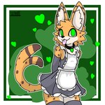 anthro arm_warmers armwear blep brown_spots cheek_tuft clothed clothing collar crossdressing facial_tuft forked_tail fur green_background inner_ear_fluff legwear maid_apron maid_uniform male markings simple_background solo spots spotted_body spotted_fur spotted_markings stockings tail tongue tongue_out tuft uniform unusual_anatomy unusual_tail white_body white_fur wide_eyed yellow_body yellow_fur skrivhatoro leo_(cosmicservalleo) felid feline mammal serval 1:1 hi_res