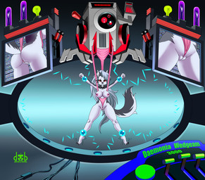 anthro bdsm bondage bound butt camel_toe clothing ear_piercing ear_ring female genitals hanging_wedgie laboratory machine piercing pussy_floss restrained restrained_arms restrained_legs ring_piercing science solo spread_eagle vulva wedgie dlovolb hellaverse helluva_boss mythology loona_(helluva_boss) canid canid_demon canine canis demon hellhound mammal mythological_canine mythological_creature wolf absurd_res digital_media_(artwork) full-length_portrait hi_res portrait