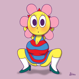 big_breasts blush breasts cleavage clothed clothing crouching curvy_figure dress erect_nipples female flower footwear hands_behind_head high_heels huge_breasts looking_at_viewer nipple_outline nipples panties plant shoes socks solo spread_legs spreading squatting_pose underwear voluptuous voluptuous_female yellow_body kamirappa parappa_the_rapper sony_corporation sony_interactive_entertainment um_jammer_lammy sunny_funny humanoid 1:1 hi_res