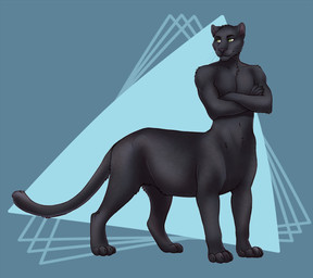 black_body black_fur blue_background crossed_arms fur green_eyes male melanistic nude simple_background solo bodyxcount felid felid_taur mammal mammal_taur pantherine pantherine_taur taur source_request unavailable_at_source