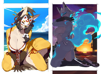 3_fingers 3_toes 5_fingers anthro beach bikini bikini_bottom bikini_top biped blue_body blue_eyes blue_fire blue_fur blush bra breasts butt claws clothed clothed_anthro clothed_female clothing cloud colored_fire countershade_fur countershade_torso countershading day feet female finger_claws fingers fire front_view fur green_eyes headgear headwear inner_ear_fluff kemono kneeling looking_at_viewer mask orange_body orange_fur orange_tail outside pawpads paws sand sea side_view sky smile solo swimwear tail toes tuft two-piece_swimsuit underwear water kame_3 masked_fox_(kame_3) yuurei-chan canid canine fox mammal 2025 digital_media_(artwork) hi_res