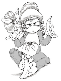 5_toes banana barefoot blush bottomless clothed clothing feet female feral food food_fetish food_play foot_fetish foot_play fruit hair half-closed_eyes hat headgear headwear long_hair narrowed_eyes naughty_face navel plant ponytail solo suggestive toes numenumenumerugon donkey_kong_(series) nintendo dixie_kong haplorhine mammal monkey primate hi_res monochrome