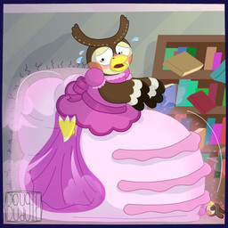 anthro beak big_diaper bodily_fluids book bookshelf cheek_blush clothed clothing crossdressing diaper dress feathers femboy frilly frilly_clothing frilly_diaper furniture huge_diaper hyper_diaper magic male multicolored_body multicolored_feathers nervous nervous_sweat open_beak open_mouth pink_clothing pink_dress poof poof_effect poof_transformation solo sweat voodoo voodoo_doll bougie animal_crossing nintendo blathers_(animal_crossing) avian bird owl 1:1 hi_res