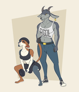 anthro athletic athletic_anthro athletic_female beanie belt belt_buckle black_lips blue_body blue_fur bottomwear breasts buckle cleavage clenched_teeth clothed clothing crop_top crouching denim denim_bottomwear denim_clothing dumbbell duo ear_piercing ear_tag exercise eyes_closed female fingers footwear fur grey_body grey_fur hand_on_hip hand_on_own_hip hat headgear headwear holding_dumbbell holding_object hooved_fingers hooves horizontal_pupils horn jeans lips looking_at_another looking_down looking_down_at_another navel orange_body orange_fur pants piercing pupils shirt shoes shorts simple_background tail tan_background teeth text text_on_clothing text_on_shirt text_on_topwear topwear weightlifting weights white_body white_fur workout yellow_eyes chuy_avilarts coffee_stain_studios epic_games fortnite goat_simulator meow_skulls pilgor_(goat_simulator) bovid calico_cat caprine domestic_cat felid feline felis goat mammal 2025 absurd_res hi_res