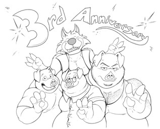 4_fingers anniversary anthro big_nose body_hair chest_hair claws clothed clothed_anthro clothed_male clothing eyewear facial_hair fangs finger_claws fingers fully_clothed fully_clothed_anthro fully_clothed_male glasses group hairy_shoulders male muscular muscular_anthro muscular_male open_clothing open_topwear open_vest overweight overweight_anthro overweight_male pecs sharp_teeth smile teeth topwear unimpressed vest wearing_glasses huttsergreywolf fairy_tales the_three_little_pigs big_bad_wolf canid canine canis domestic_pig mammal suid suine sus_(pig) wolf 2026 absurd_res hi_res monochrome sketch