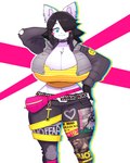 absurd_res alternative_fashion anthro arm_by_side arms_bent band_merch big_breasts black_hair blue_eyes blush blush_stickers bottomwear breasts canid canine canis cleavage clothed clothing colorful_theme cropped_jacket death_grips domestic_dog ear_piercing exmilitary fanny_pack female hair hair_over_eye heart_bottomwear heart_clothing heart_pants heart_print heart_symbol hi_res huge_breasts london_calling looking_at_viewer maggie_applebee mammal midriff one_eye_obstructed open_clothing open_topwear pants piercing print_bottomwear print_clothing print_pants punk raised_arm red_cheeks sex_pistols shirt short_hair short_tail simple_background smile solo standing straight_legs t-shirt tail text text_on_clothing the_clash theycallhimcake thick_thighs topwear wide_hips y2k_(graphic_design)