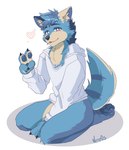 blue_body bottomless class clothed clothing gesture hand_gesture heart_symbol hoodie looking_at_viewer male simple_background solo topwear v_sign nere0s canid canine canis mammal wolf hi_res