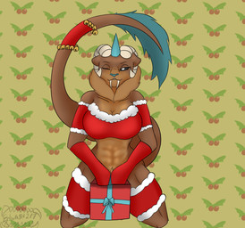 aderthad anthro brown_body brown_fur christmas_clothing clothing fangs female fur holidays horn sabertooth_(anatomy) solo teeth edward217 christmas sharzakh chimera absurd_res hi_res