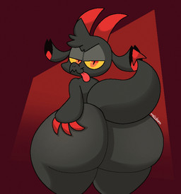ambiguous_gender anthro bedroom_eyes big_butt black_body black_ears black_hair black_tail butt claws hair hand_on_butt hand_on_own_butt horn huge_butt looking_at_viewer looking_back looking_back_at_viewer narrowed_eyes red_background red_claws red_eyes red_horn red_tongue seductive shortstack simple_background smile smiling_at_viewer solo spade_tail tail text thick_tail thick_thighs tongue tongue_out wide_hips yellow_sclera mellobunn chikn_nuggit mythology fwench_fwy_(chikn_nuggit) dragon mythological_creature mythological_scalie scalie 2025 artist_name cel_shading colored digital_media_(artwork) hi_res shaded nonbinary_(lore)