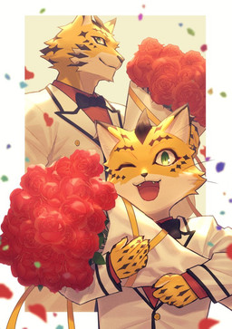 anthro bouquet clothing duo flower flower_bouquet fur green_eyes male markings one_eye_closed petals plant rose_(flower) spots spotted_body spotted_fur suit wink yellow_body yellow_fur young young_anthro yow lifewonders tokyo_afterschool_summoners ose_(tas) felid leopard mammal pantherine