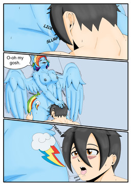 anthro blue_body blush bodily_fluids border breasts butt cutie_mark dialogue duo feathered_wings feathers female fur genital_fluids hair interspecies male male/female multicolored_hair nipples nude open_mouth oral rainbow_hair speech_bubble tail text tongue white_border wings zeroviks friendship_is_magic hasbro my_little_pony mythology rainbow_dash_(mlp) equid equine horse human mammal mythological_creature mythological_equine pegasus pony absurd_res comic digital_media_(artwork) english_text hi_res