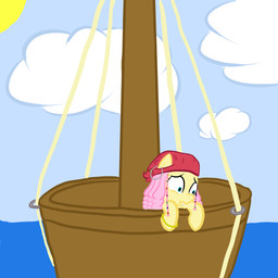 blue_eyes braided_hair clothing cloud crow's_nest detailed_background female feral hair hat headgear headwear jewelry kerchief outside pink_hair pirate rope scared sky solo sun toony water yellow_body tanmansmantan friendship_is_magic hasbro my_little_pony fluttershy_(mlp) equid equine horse mammal pony 1:1
