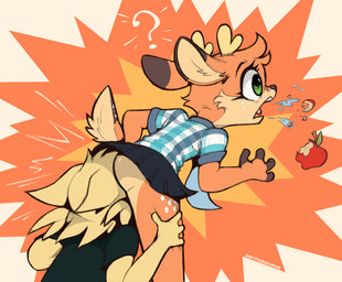 anthro antlers apple bodily_fluids bottomless bottomwear butt clothed clothing collared_shirt dipstick_ears duo ear_markings face_in_ass female food freckled_face freckled_legs freckled_thighs freckles fruit fur green_eyes horn leg_grab male male/female multicolored_ears open_mouth orange_body orange_fur plant question_mark saliva shirt simple_background skirt surprised tail thigh_grab tongue tongue_out topwear unexpected yellow_body yellow_fur marchharedraws andy_(marchharedraws) maple_(jayrnski) deer domestic_cat felid feline felis mammal 2025 absurd_res digital_media_(artwork) hi_res nonbinary_(lore)