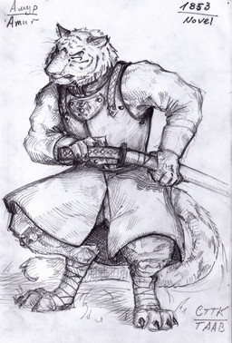 anthro clothing cuirass infantry katana male melee_weapon military military_uniform russian samurai soldier solo sword text uniform warrior weapon anxiousboar 1853_(novel) felid mammal pantherine tiger absurd_res english_text graphite_(artwork) hi_res russian_text traditional_media_(artwork)