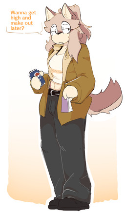 alternate_costume anthro belly_peeking_out belt beverage_can bottomwear brown_body brown_fur clothing clothing_swap dialogue female fur inviting_over jacket looking_at_viewer pants shirt solo talking_to_viewer tan_body tan_fur tank_top topwear catjamn pepsi karina_(catjamn) canid canine mammal 2025 hi_res trans_(lore) trans_woman_(lore)