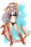 4_toes anthro bikini blue_eyes breasts clenched_teeth clothed clothing feet female hair navel non-mammal_breasts partially_clothed pose simple_background smile solo swimwear teeth toes two-piece_swimsuit white_hair sashatf sushi_(sootsprite) fish marine shark 2:3 absurd_res hi_res