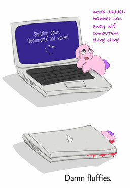 abuse ambiguous_feral ambiguous_gender animal_abuse baby_talk blood bodily_fluids computer crush dark_humor death dialogue dying electronics feral fur gore grey_eyes humor laptop looking_up micro neonate offscreen_character open_mouth pink_body pink_fur pun purple_tail screen simple_background smile solo tail text white_background young young_ambiguous young_feral carpdime apple_inc. fluffy_pony fluffy_pony_(species) mammal digital_media_(artwork) english_text intralingual_translation shaded