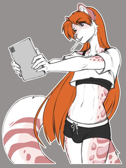 anthro bottomwear bulge clothing crop_top eyebrows femboy fur hair hotpants long_hair male markings orange_hair pink_body pink_fur raised_eyebrow shirt shorts solo spots spotted_body spotted_fur stylus tablet_computer topwear white_body white_fur accelo accelo_(character) felid mammal pantherine snow_leopard 3:4