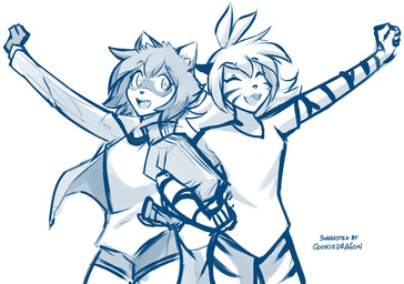 anthro bottomwear clothed clothing duo eyes_closed facial_markings female fur head_markings jacket markings mask_(marking) open_mouth raised_hand shorts simple_background smile striped_body striped_fur stripes topwear white_background conditional_dnp tom_fischbach brand_new_animal studio_trigger twokinds flora_(twokinds) michiru_kagemori canid canine felid keidran mammal pantherine raccoon_dog tanuki tiger 2020 adobe_photoshop_(artwork) blue_and_white digital_media_(artwork) hi_res monochrome sketch