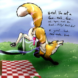 animal_genitalia animal_penis anus balls black_body black_fur bodily_fluids canine_genitalia canine_penis clothed clothing clothing_around_one_leg cum dialogue eyewear feral fur fur_growth genital_fluids genitals glasses grass growth human_to_feral knot leash magic male mid_transformation orange_body orange_fur outside partially_clothed penis picnic_blanket plant solo species_transformation text tongue tongue_out transformation underwear underwear_around_one_leg underwear_down white_body white_fur yafath canid canine fox human mammal 1:1 english_text hi_res
