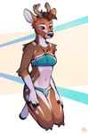 anthro antlers bikini bikini_bottom bikini_bulge bikini_top bulge clothing fur gynomorph hair hooves horn intersex kneeling midriff navel o-ring o-ring_bikini o-ring_bikini_top pose solo swimwear tuft two-piece_swimsuit duskihorns hokuloa deer mammal 2022 hi_res pinup signature trans_(lore) trans_woman_(lore)