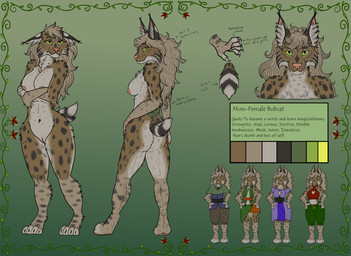 anthro breasts clothing costume female fur genitals green_eyes hair long_hair markings nipples nude short_tail spots spotted_body spotted_fur tail text vulva wavy_hair thehatredburrito bobcat felid feline lynx mammal absurd_res english_text hi_res model_sheet