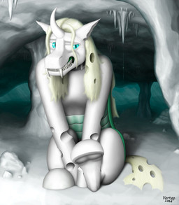 1_horn blue_eyes cave collar detailed_background fangs feral front_view hooves horn looking_aside male male_feral mane pupils quadruped sharp_teeth sitting slit_pupils solo tail teeth white_body vertep friendship_is_magic hasbro my_little_pony changeling_(mlp) equid equine mammal digital_media_(artwork) hi_res