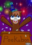 blue_eyes box brown_body brown_fur brown_hair clothing container fireworks fur hair happy hat headgear headwear holidays male night open_mouth outside sky solo star styrofoam text furpics hasbro my_little_pony new_year peekaboo equid equine horse mammal pony english_text