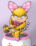 anthro blue_eyes female hammer jewelry lips looking_up pink_lips purple_bow simple_background solo text thick_lips tools pandottermon mario_bros nintendo koopaling wendy_o._koopa 2020 artist_name hi_res signature