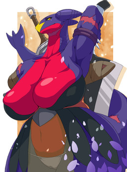 amputee anthro big_breasts breasts clothing disability female huge_breasts melee_weapon missing_arm non-mammal_breasts panties pokemorph sagging_breasts scar solo sword tail underwear weapon 68_(artist) nintendo pokemon garchomp generation_4_pokemon pokemon_(species) scalie