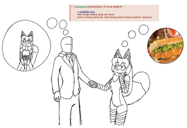 anthro clothing dipstick_tail duo female female_anthro food fur gloves_(marking) hair hand_holding leg_markings male male/female markings socks_(marking) tail tail_markings text thought_bubble aigsaft conditional_dnp 4chan anon averi_(fiddleafox) canid canine fox human mammal red_fox true_fox english_text hi_res monochrome