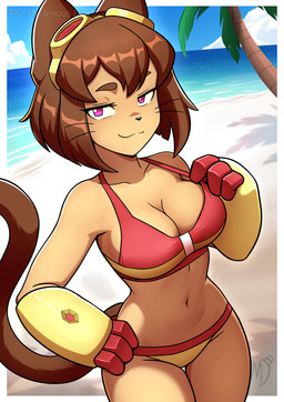 anthro beach bikini bikini_bottom bikini_top breasts brown_ears brown_eyebrows brown_hair brown_tail cleavage clothed clothed_anthro clothed_female clothing day detailed_background eyebrows eyewear female female_anthro goggles hair hand_on_hip looking_at_viewer mouth_closed navel outside palm_tree plant sand sea seaside sky small_waist smile smiling_at_viewer smirk smirking_at_viewer solo swimwear tail thigh_gap tree two-piece_swimsuit water whiskers themysteriousdee gameoverse glitch_productions kit_bodega domestic_cat felid feline felis humanoid mammal 2026 digital_media_(artwork) hi_res portrait three-quarter_portrait