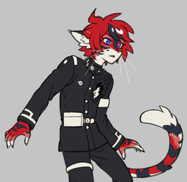 accessory ahoge alternate_species anthro asymmetrical_hair black_bottomwear black_clothing black_markings black_stripes blue_eyes bottomwear claws clothed clothing dipstick_fingers dipstick_tail ear_tuft eyebrows eyelashes eyespots fangs fur hair inner_ear_fluff male markings multicolored_body multicolored_eyes multicolored_fur open_mouth pink_nose red_body red_eyes red_fur red_hair simple_background solo striped_body striped_fur striped_markings stripes tail tail_markings teeth topwear tuft uniform whiskers white_body white_fur white_inner_ear white_inner_ear_fluff hundredtakus the_hundred_line:_last_defense_academy takumi_sumino felid feline mammal 2026 digital_drawing_(artwork) digital_media_(artwork) hi_res
