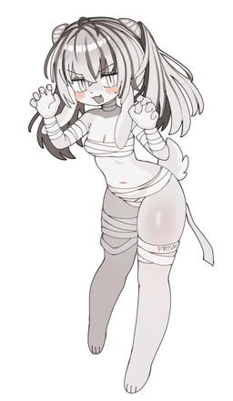 5_fingers accessory anthro blush breasts claw_pose cleavage clothed clothing cosplay countershade_face countershade_fur countershade_tail countershade_torso countershading cute_fangs deformed fangs female female_anthro fingers fur glistening glistening_body hair hair_accessory hairpin kemono loli looking_at_viewer mummy_costume mummy_wrappings navel open_:3 pose pupils short_tail simple_background slit_pupils small_breasts solo standing tail teeth text white_background young young_anthro batrobin_k sani_yang's_laboratory kiwi_(sani_yang's_laboratory) canid canine felid fox hybrid lagomorph leporid mammal pantherine rabbit tiger commissioner_name full-length_portrait hi_res monochrome portrait spot_color