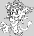 4_toes 5_fingers armor clothing eyelashes feet female fingers flip_flops footwear gloves hair half-closed_eyes handwear long_tail narrow_hips narrowed_eyes pigtails sandals shoes solo tail thin_calves thin_legs thin_thighs toes smekbo sega sonic_the_fighters sonic_the_hedgehog_(series) honey_the_cat domestic_cat felid feline felis mammal monochrome