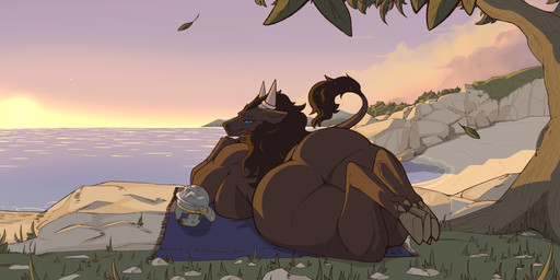 2_horns anthro armor beach bent_legs big_breasts big_butt blue_eyes breasts brown_hair butt calves_up cloven_hooves dewclaw_hooves female hair headgear helmet hooves horn knock-kneed legs_together looking_at_viewer looking_back looking_back_at_viewer lying nude nude_beach on_front outdoor_nudity outside plant raised_calf sea seaside sky smile solo sunset tail tail_tuft tree tuft unguligrade water securipun european_mythology greek_mythology mythology nihea_avarta bovid bovine cattle mammal minotaur 2021 2:1 absurd_res hi_res