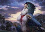 2020 4_fingers anthro breasts day detailed_background digital_media_(artwork) feathered_wings feathers featureless_breasts female fingers non-mammal_breasts outside raventenebris sky solo wings