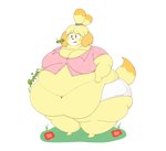 accessory anthro barefoot belly big_belly big_breasts big_butt black_nose blonde_hair blush blush_stickers bottomwear breasts burping butt cleavage clothed clothing fat_arms feet female flower fur grass hair hair_accessory hair_tie huge_belly huge_breasts huge_butt hyper hyper_belly morbidly_obese morbidly_obese_anthro morbidly_obese_female navel obese obese_anthro obese_female onomatopoeia open_mouth overweight overweight_anthro overweight_female plant rumbling_stomach shirt simple_background solo sound_effects standing tail text three-quarter_view topwear white_background yellow_body yellow_fur yellow_tail kevhypep animal_crossing nintendo isabelle_(animal_crossing) canid canine canis domestic_dog mammal shih_tzu toy_dog 2024 digital_drawing_(artwork) digital_media_(artwork) hi_res