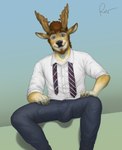 anthro antlers bottomwear bulge clothed clothing collarbone detailed_bulge down_the_leg_bulge eyebrows fingers fully_clothed fur genital_outline gradient_background hair horn looking_at_viewer male necktie pants penis_outline simple_background solo undone_tie rov jegermaistro deer mammal 2023 hi_res portrait signature three-quarter_portrait