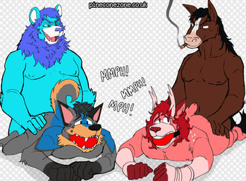anal anthro butt duo gagspeak male male/male male_penetrating muffled nude penetration penile penile_penetration sex smoking struggling text vowelless smallsavant canid canine deer equid equine felid lion mammal pantherine hi_res