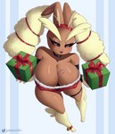 anthro armwear big_breasts breasts candy candy_cane choker clothing dessert eyelashes fake_antlers fake_horns female fingers food gift huge_breasts jewelry long_ears looking_at_viewer necklace open_mouth solo gammainks nintendo pokemon generation_4_pokemon lopunny pokemon_(species) 2022 absurd_res digital_media_(artwork) hi_res