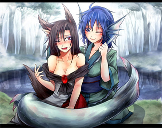 asian_clothing blue_clothing blue_eyes blue_hair blue_obi breasts brooch brown_hair clothed clothing collarbone duo ear_grab east_asian_clothing female fin forest green_clothing green_kimono hair head_fin holding_object holding_razor holding_tool japanese_clothing jewelry kimono obi off_shoulder one_eye_closed open_mouth outside plant razor red_eyes smile split_form straight_razor tools tree ryuuichi_(f_dragon) touhou kagerou_imaizumi wakasagihime animal_humanoid aquatic canid canid_humanoid canine canine_humanoid humanoid mammal mammal_humanoid merfolk wolf_humanoid
