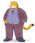 anthro belly big_belly bottomwear clothing kemono male overweight overweight_male pants scar shirt simple_background smoking solo topwear furipon felid mammal pantherine tiger 2023 hi_res