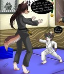 age_difference anthro barefoot blue_eyes brown_hair clothed clothing detailed_background dialogue duo feet female fingers fur green_eyes hair heterochromia inside martial_arts martial_arts_uniform older_female pink_eyes smile sportswear text young young_anthro younger_female lobadelaluna alyssa_kintana aryia_aster canid canine canis coyote domestic_dog hangul herding_dog mammal mixed_breed pastoral_dog pembroke_welsh_corgi welsh_corgi digital_media_(artwork) english_text hi_res korean_text