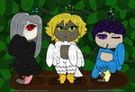 black_body black_feathers blonde_hair blue_body blue_feathers feathered_wings feathers feet female green_eyes grey_hair group hair leaf nest purple_eyes purple_hair question_mark red_eyes talons tired toes trio white_body white_feathers wings worried young therealmessyroomguy1 european_mythology greek_mythology mythology avian harpy mythological_avian mythological_creature taur digital_drawing_(artwork) digital_media_(artwork) hi_res watermark
