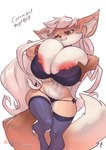 anthro big_breasts blush bra breasts bulging_breasts canid canine cleavage cleavage_overflow clothed clothing curvy_figure describing_fit digital_media_(artwork) english_text female hi_res huge_breasts hyper hyper_breasts inconvenient_breasts legwear lingerie loyse mammal nipple_dip nipples one_eye_closed shaded simple_background small_waist smile solo standing stockings struggling_to_fit text thefuckingdevil thigh_gap top_heavy undersized_clothing underwear voluptuous white_background wide_hips